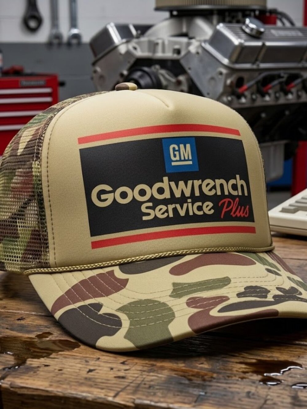 Retro GM Goodwrench Hat NASCAR Racing Camo Foam Rope Snapback Trucker Cap USA Ne